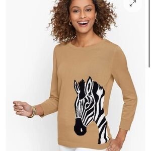 Talbots Sweater Crewneck Zebra Print Tan 3/4 Sleeves Size 2X Cotton Blend
